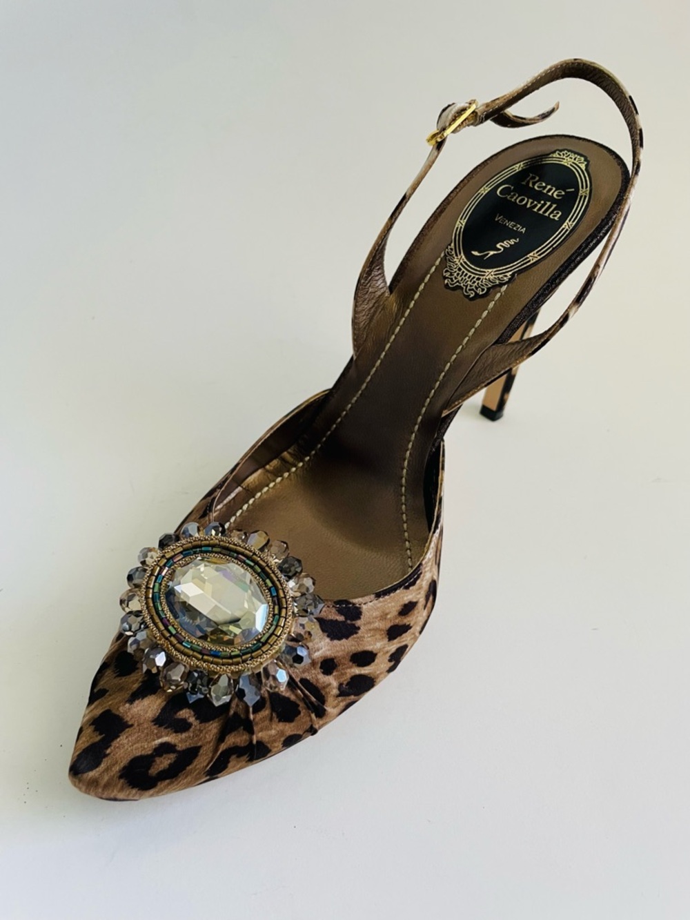 Rene Caovilla Leopard-Print Crystal Embellished Slingback Pump Size 38 1/2